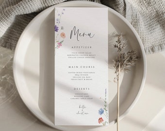 Wildflower Menu Template, Wedding Menu, Garden Party, Floral Menu Cards, Bridal Shower Menu, Printable Wedding Dinner Menu, Editable DIY