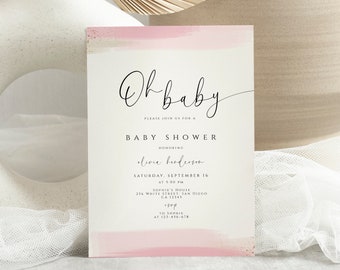 Girl Blush Pink Baby Shower Invitation Template Oh Baby Editable Invite Minimalist Baby Shower Baby Girl invitation Template Pink and Gold