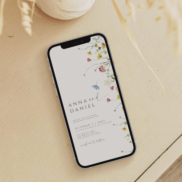 Wildflower Wedding Evite Template, Electronic Wedding Invitation, Wildflower Digital Wedding Invitation, Text Message, Mobile Phone Invite