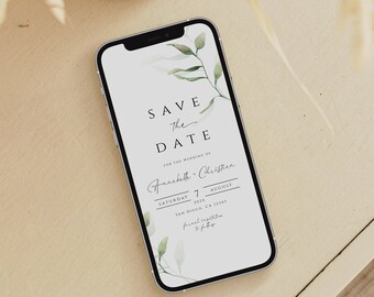 Plantilla editable para guardar la fecha de Greenery para teléfono de boda (descarga digital)