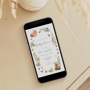 Woodland Baby Shower Evite, Forest Animals Baby Shower Digital Invite, Greenery Baby Shower Electronic Invitation Template, Instant Download