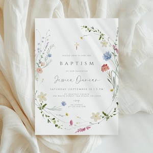Wildflower Baptism Invitation Template, Wildflower Christening Invite, Pink Girls Baptism Invitation, Religious Cross, Floral Invitation
