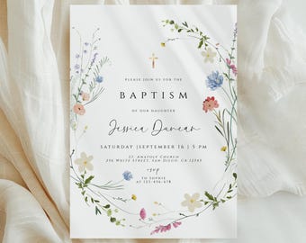 Wildflower Baptism Invitation Template, Wildflower Christening Invite, Pink Girls Baptism Invitation, Religious Cross, Floral Invitation