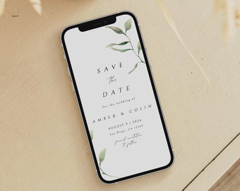 Plantilla de invitación de EVIT con vegetación minimalista para guardar la fecha, invitación de boda electrónica, plantilla de eucalipto para guardar la fecha en el teléfono, SMS de descarga digital