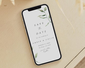 Minimal Greenery Save the Date Evite Template, Electronic Wedding Invitation, Eucalyptus Save The Dates Phone Template, Digital Download SMS