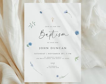 Blue Baptism Invitation Template Editable Boy Christening Invite Modern Wildflower Baptism Invite Digital Download Baby Boy Baptism Evite