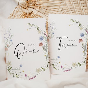 Numero di tavolo per matrimonio, modello modificabile per numero di tavolo floreale, numero di tavolo per doccia botanica modificabile, numero di tavolo per matrimonio Boho con fiori di campo