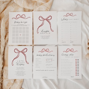 May include: A set of printable baby shower games with a red bow theme. The games include "Baby Bingo", "Diaper Raffle", "Who's That Baby?", "Late Night Diapers", "Baby Predictions", and "Guess Who: Mummy or Daddy?"