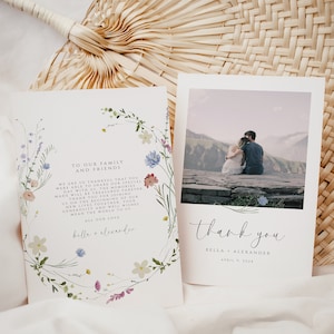 Wildflower Wedding Thank You Card, Floral Wedding Photo Thank You Card, Wedding Thank You Card with Photo, Editable Template, Download