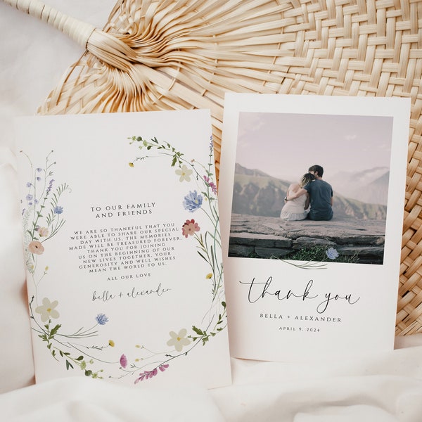 Wildflower Wedding Thank You Card, Floral Wedding Photo Thank You Card, Wedding Thank You Card with Photo, Editable Template, Download
