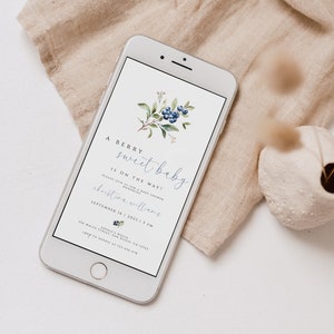 Blueberry Baby Shower Evite, Berry Sweet Baby Shower Text Invite Template, Berries Baby Shower, Digital Invitation, Berry Invitations, Phone