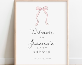 Pink Bow Welcome Sign Baby Shower Printable Pink Bow Baby Girl Shower Sign Template Customizable Ribbon Entrance Sign Baby Shower Poster