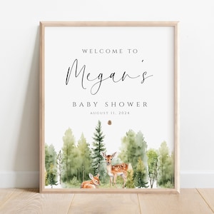 Letrero de bienvenida editable con temática de bosque para baby shower, decoración imprimible con animales del bosque y vegetación.