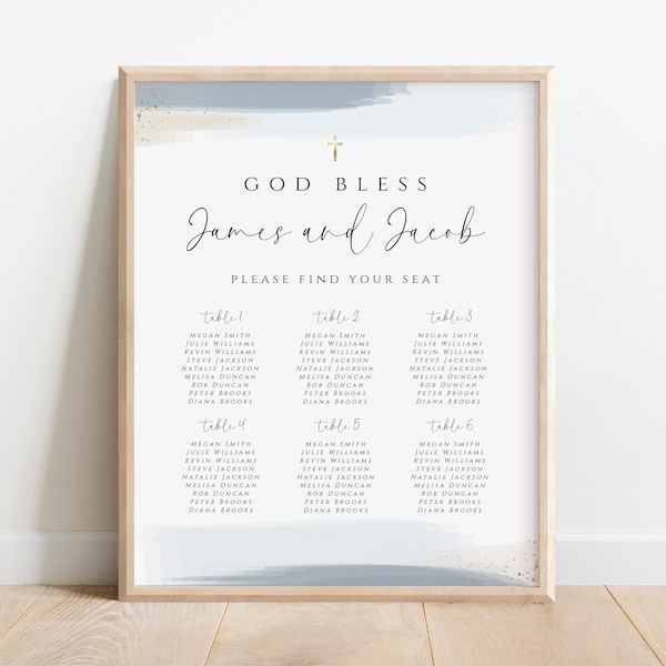 Baptism Seating Chart Editable Template, Blue Baptism Seating Chart Poster, Blue Watercolor, Printable Baptism Seating Sign Instant Download