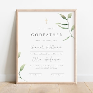 Plantilla de certificado de padrino, certificado de regalo de padrino de Greenery, certificado de recuerdo de bautismo editable e imprimible, descargable, moderno