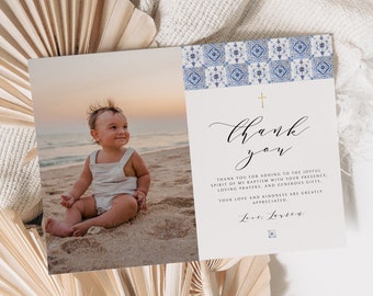 Baptism Thank You Card, Blue Tile Baptism, Baptism Thank You, Christening, Thank You Photo, Mediterranean, Fully Editable, Instant Download