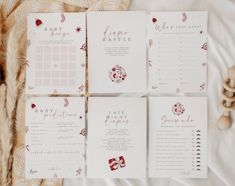 Puede incluir: Un conjunto de tarjetas de juego de baby shower imprimibles con temática navideña. Las tarjetas están decoradas con adornos rojos y blancos, bastones de caramelo y calcetines. Los juegos incluyen Baby Bingo, Diaper Raffle, Who's That Baby?, Baby Predictions, Late Night Diapers, y Guess Who: Mommy or Daddy?