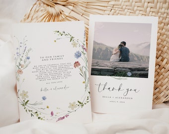 Wildflower Wedding Thank You Card, Floral Wedding Photo Thank You Card, Wedding Thank You Card with Photo, Editable Template, Download