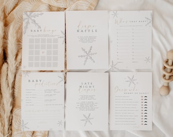 Paquete de juegos para baby shower de copos de nieve de invierno. Un pequeño juego imprimible para baby shower de copos de nieve. Juegos para baby shower navideños. Paquete de juegos para baby shower de invierno.