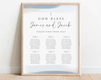 Baptism Seating Chart Editable Template, Blue Baptism Seating Chart Poster, Blue Watercolor, Printable Baptism Seating Sign Instant Download