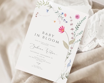 Bearbeitbares Baby in Bloom-Babyparty-Einladung, Wildblumen-Babyparty-Einladung, Blumen Boho-Babyparty-Einladung, Wildblumen, Download