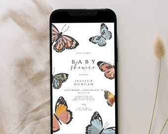 May include: A smartphone displaying a baby shower invitation with a butterfly theme. The invitation features the text "Baby Shower" and the name "Jessica Duncan". The invitation also includes the date and time of the event, as well as the location.