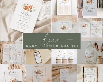 Deer Baby Shower Bundle Woodland Animals Baby Shower Games Pack Printable Decorations Woodland Baby Shower Invite Set Editable Template