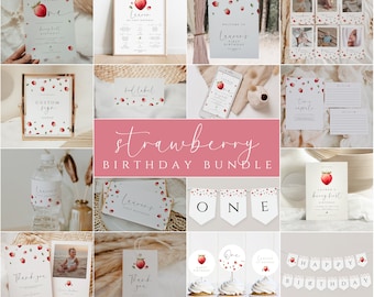 Berry First Birthday Invitation Bundle, Printable Strawberry 1st Birthday Invitation Template, Girls Berry Sweet 1st Birthday Decorations