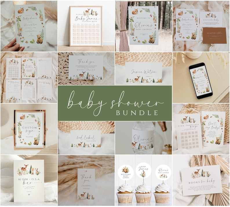 Inbjudningspaket med skogsdjur, babyshowerlekar, utskrivbara dekorationer, redigerbar mall, skogsdjur, babyshower bild 1