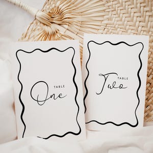 Puede incluir: Dos tarjetas de número de mesa blancas con bordes ondulados negros. La tarjeta superior dice "Mesa Uno" y la tarjeta inferior dice "Mesa Dos".
