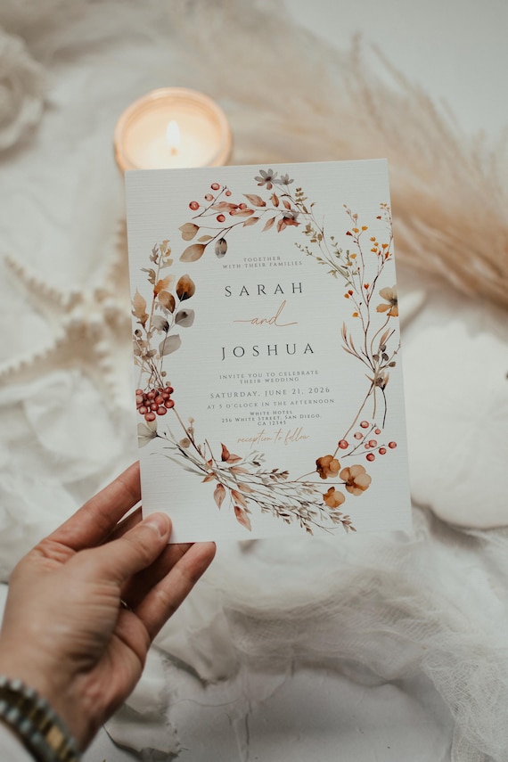 Fall Wildflower Wedding Invitation Autumn Floral Wedding Invite Burgundy Orange Rustic Wedding Template Boho Editable Printable Invitation