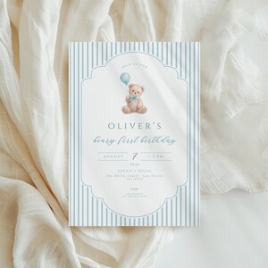 An editable 1st birthday invite with teddy bear is perfect for boys first birthday celebration.