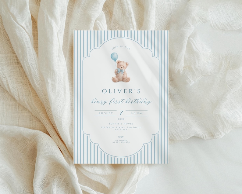 An editable 1st birthday invite with teddy bear is perfect for boys first birthday celebration.