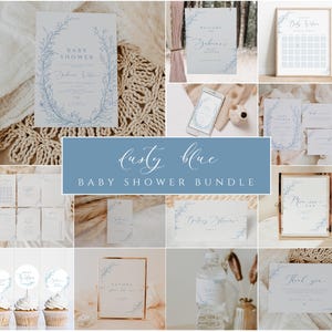 Dusty Blue Baby Shower Invitation Bundle, Blue Toile Baby Shower Bundle, Boy Baby Shower Invite, Chinoiserie, Editable Baby Shower Games