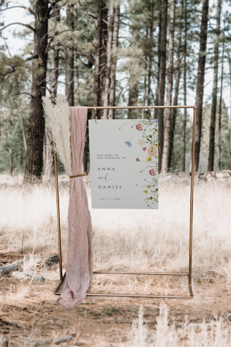 Plaque de bienvenue pour mariage de fleurs sauvages, affiche de bienvenue Templett, modèle de plaque de bienvenue florale, plaque de bienvenue de printemps, été, modifiable, téléchargement image 1