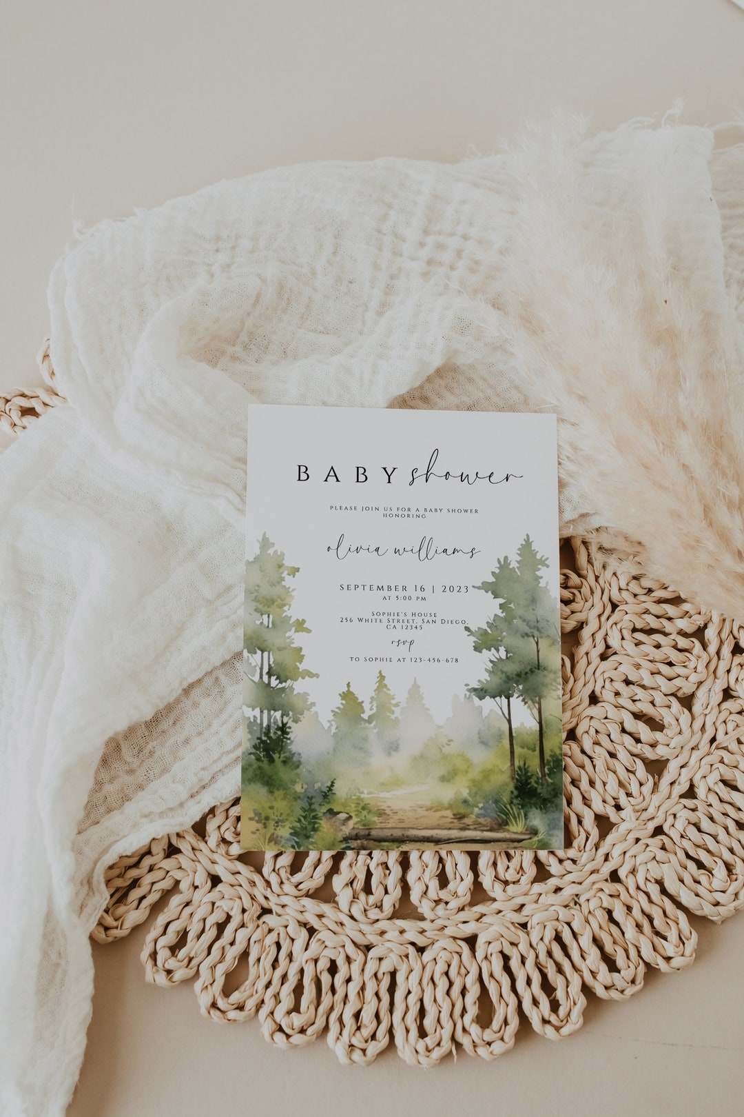 Pine Tree, Forest Baby Shower Invitation Template Set, Woodland Baby ...