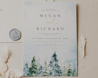 Può includere: Invito di nozze con una scena di foresta ad acquerello. L'invito include i nomi "Megan e Richard" e la data "Sabato 21 dicembre 2026". È visibile un sigillo di cera con un disegno di albero.