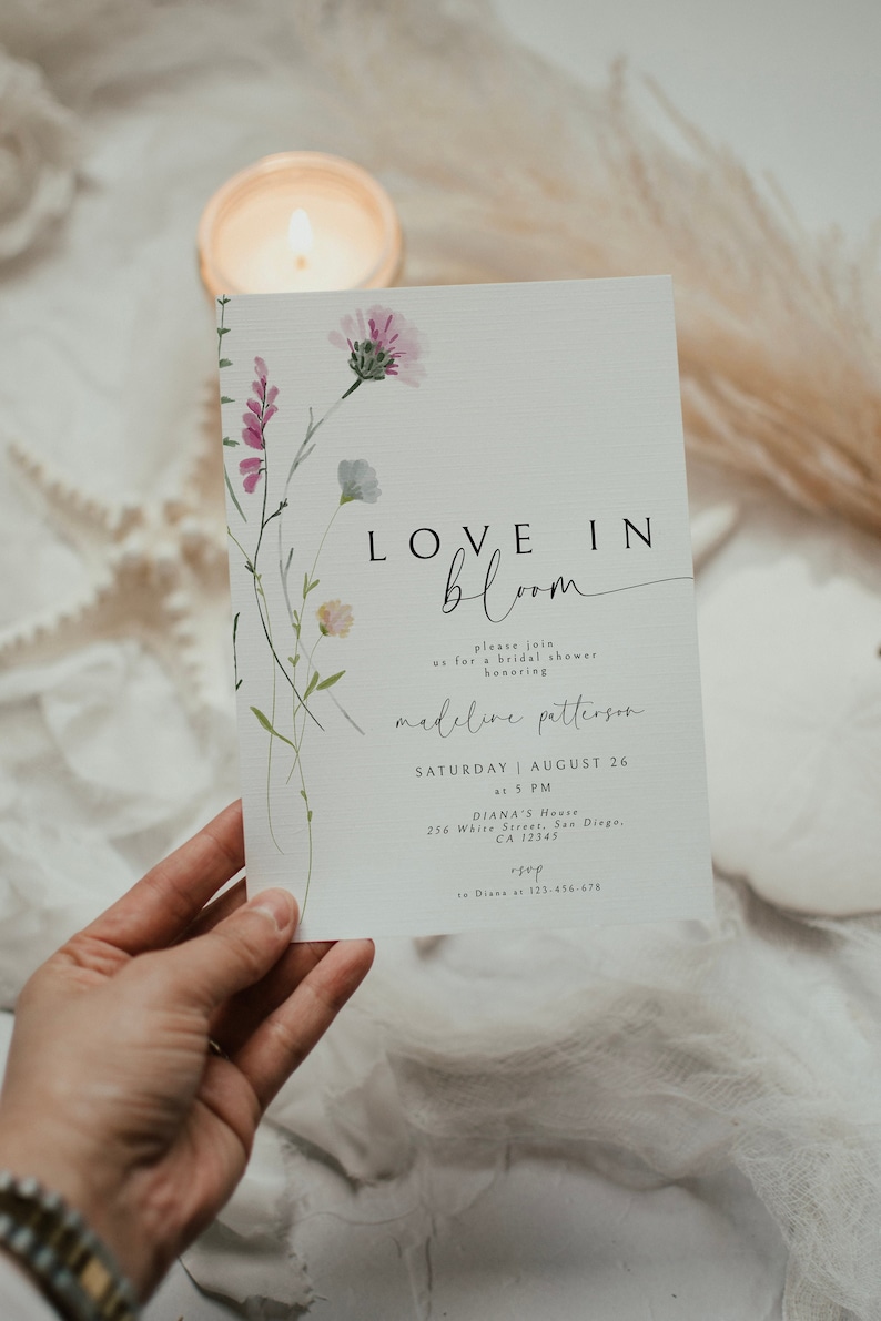 Love is in Bloom Invitation, Wildflower Bridal Shower Invitation, Spring Bridal Shower Invite, Floral Love in Bloom Template, Editable image 1