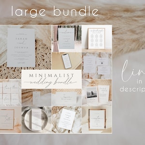 K&ouml;nnte beinhalten: Eine Sammlung minimalistischer Hochzeitspapeterie, darunter Einladungen, Willkommensschilder und Tischkarten. Der Text "large bundle" und "MINIMALIST wedding bundle" sind sichtbar. Das Bild hat eine neutrale Farbpalette.