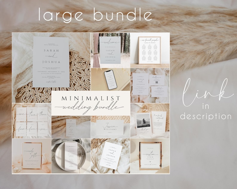 K&ouml;nnte beinhalten: Eine Sammlung minimalistischer Hochzeitspapeterie, darunter Einladungen, Willkommensschilder und Tischkarten. Der Text "large bundle" und "MINIMALIST wedding bundle" sind sichtbar. Das Bild hat eine neutrale Farbpalette.
