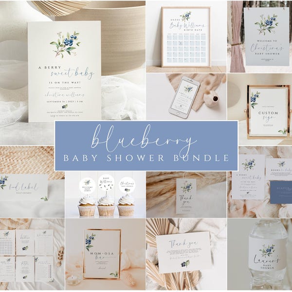 Editable Blueberry Baby Shower Invitation Bundle, A Berry Sweet Baby Shower Games, Printable Decorations, Template, Blueberries Shower