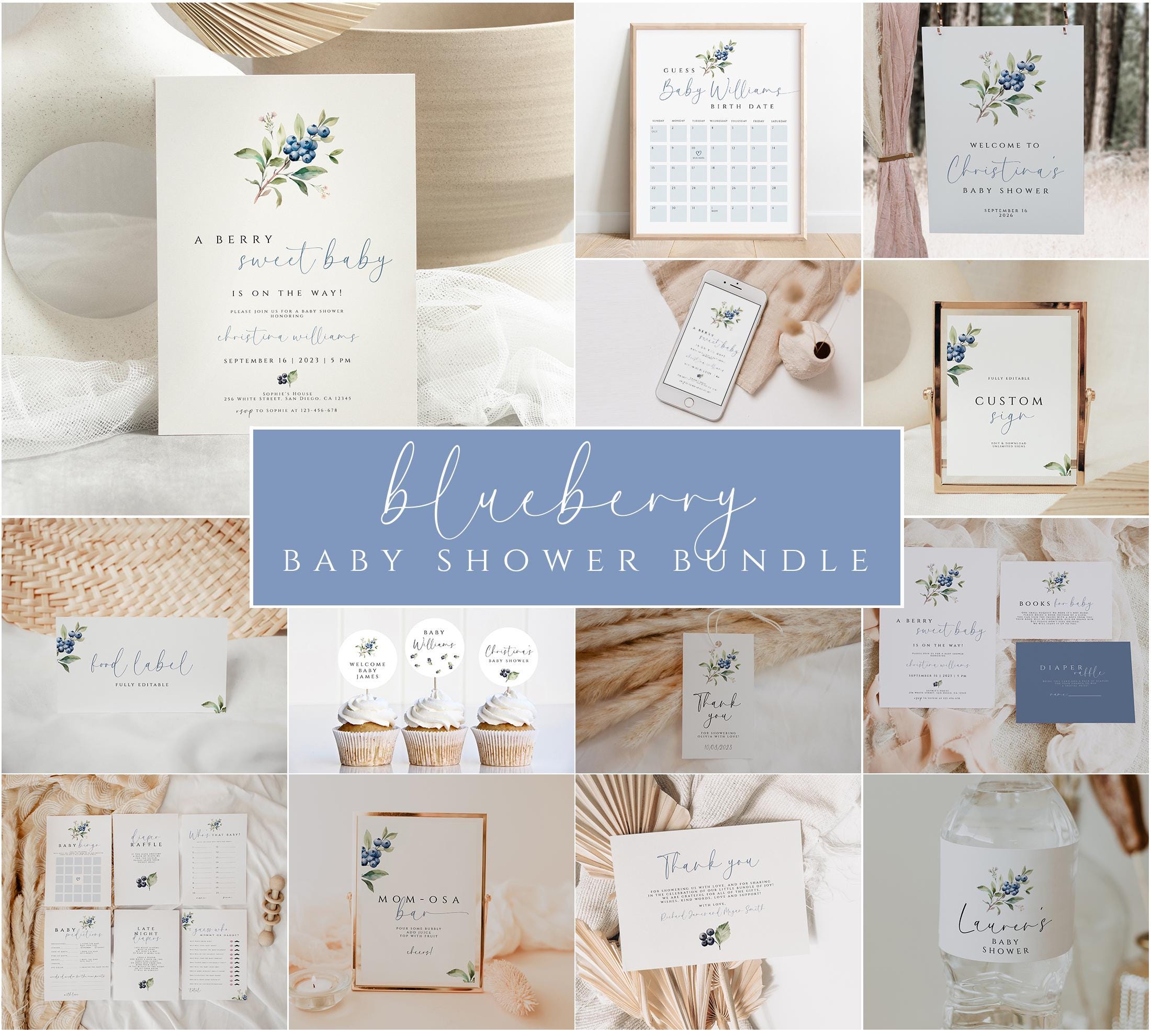 Editable Blueberry Baby Shower Invitation Bundle, A Berry Sweet Baby Shower Games, Printable Decorations, Template, Blueberries Shower