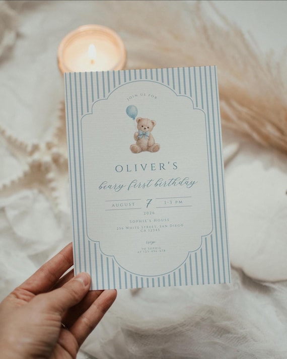Beary First Birthday Invitation Template Blue Teddy Bear Boy 1st Birthday Invite Vintage Bear Birthday Printable Editable Digital Download