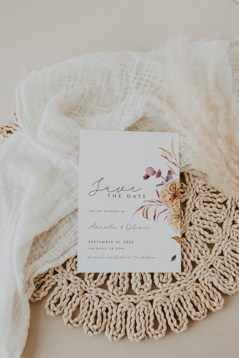 Fall Save the Date Template, Rust Floral Save The Date Invite, Rustic Wedding Save The Date Card, Autumn Save our Date, Printable, Editable image 1