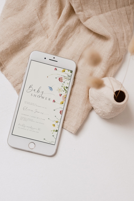 Wildflower Baby Shower Digital Evite Template, Electronic Baby Shower Invitation, Boho Baby Shower Digital Invite, Text Evite Editable