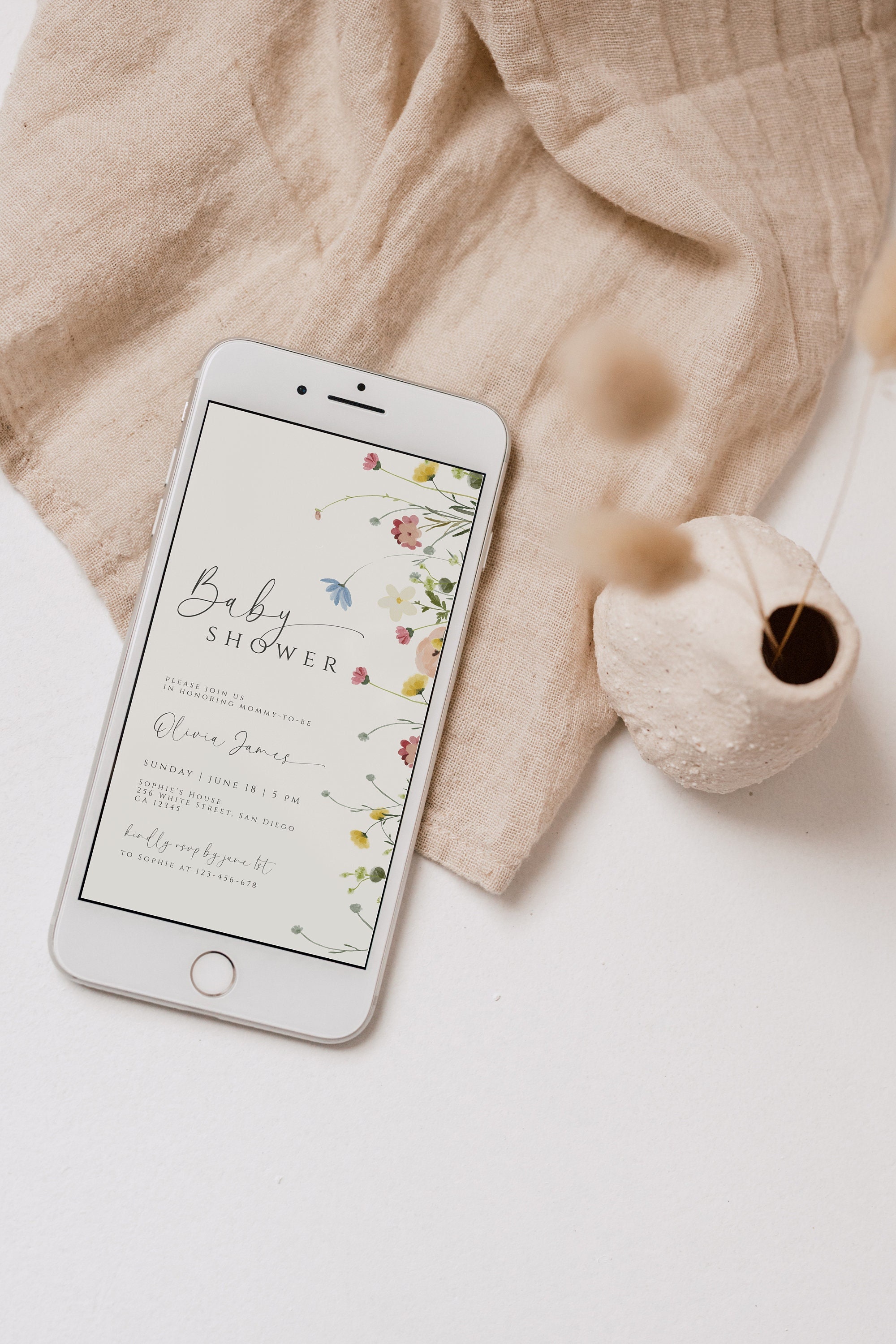 Wildflower Baby Shower Digital Evite Template, Electronic Baby Shower Invitation, Boho Baby Shower Digital Invite, Text Evite Editable
