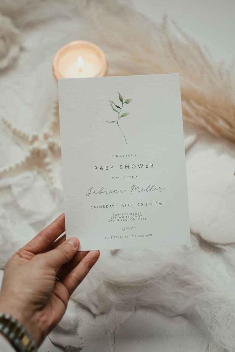 Modèle d'Invitation de baby shower eucalyptus, invitations de baby shower de verdure, modèle d'invitation imprimable botanique neutre, instantané image 2