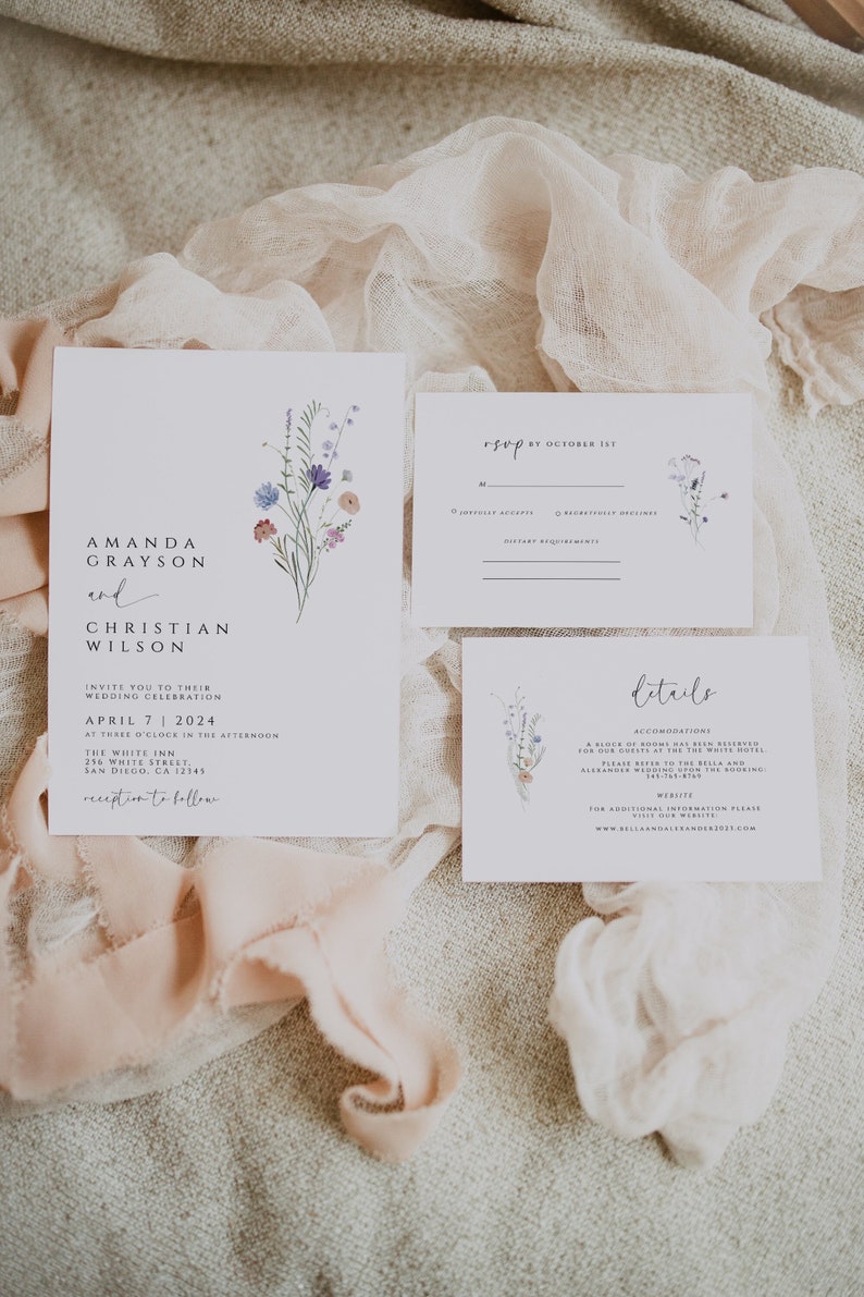 Wildflower Wedding Invitation, Floral Wedding Invite Wildflowers Wedding Invitation Set Template, Spring Flower Wedding Suite, Details, RSVP image 1