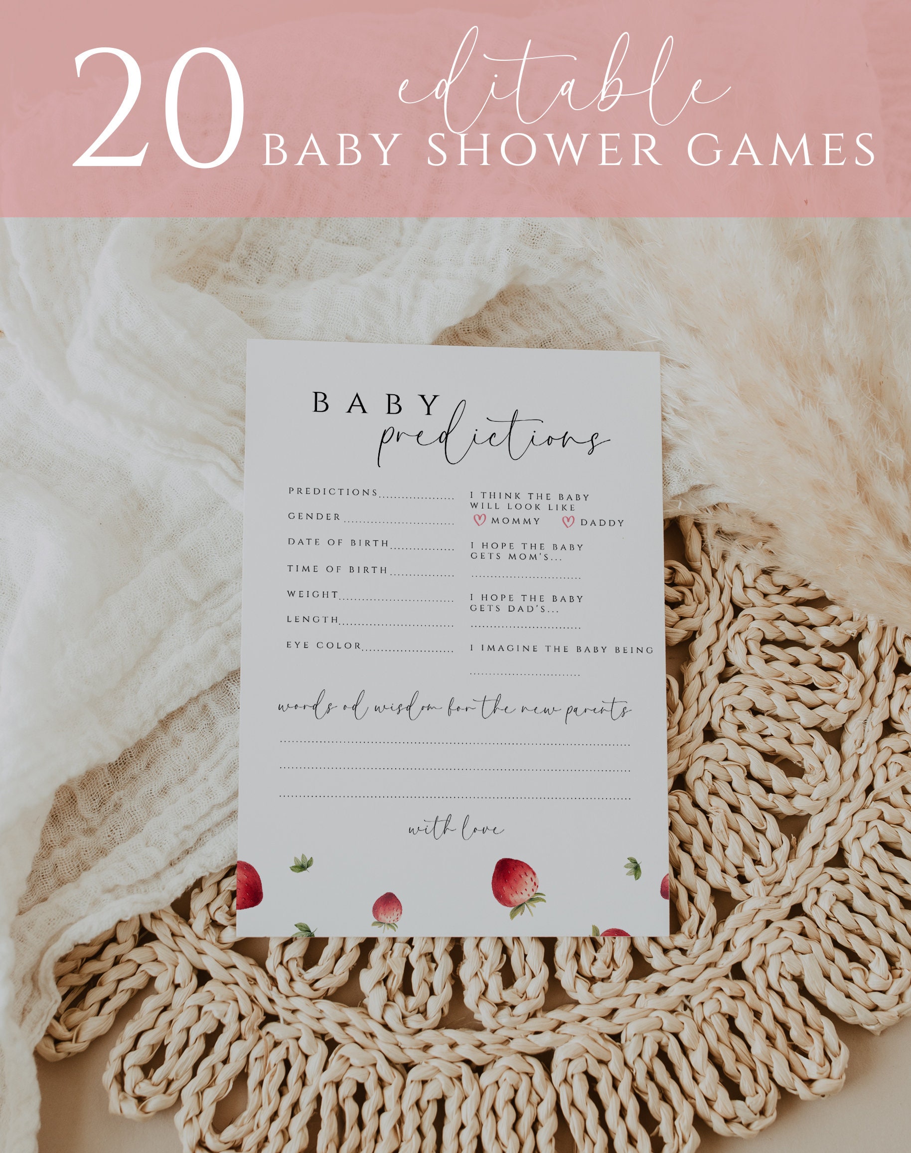 Berry Sweet Baby Shower Game Templates, Editable Strawberry Baby Shower ...