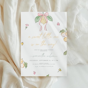 Pink Lemon Baby Shower Invitation Coquette Summer Baby Girl Invite Pink Bow Editable Citrus Baby Shower Template Floral Instant Download